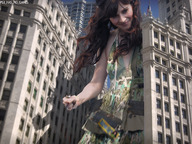 mega destruction smiling dress walking people holding new_york_city zooey_deschanel between_buildings ps3_has_no_games