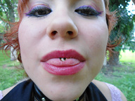 collage vore tongue mouth brown_eyes lips red_hair face outdoors point_of_view looking_at_viewer hanna peque