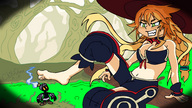 drawing feet barefoot cleavage domination witch chibichan outdoors raised_foot imminent_crush looking_at_tiny metallia