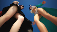 large_breasts long_hair swimsuit blue_eyes green_eyes purple_hair blue_hair cat_ears dress legs giantesses cat_girl point_of_view from_below looking_at_viewer neko-witch-tiffany tiny_mk two_piece digital_render queen-lillian