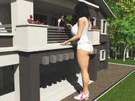 giantess black_hair long_hair shorts outdoors trainers balcony digital_render nyom87"