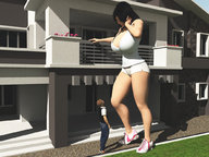 giantess black_hair long_hair huge_breasts short_hair looking_down sneakers looking_up houses outdoors flowers nyom87 digital_render