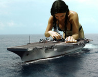 giantess collage swimsuit handheld water ocean playful brunette jets boats aircraft_carrier looking_at_tiny