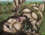 breasts drawing giantess vore mega color barefoot brunette brown_eyes lying_down dragonesslife worship village body_exploration sacrifice