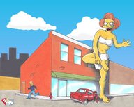 breasts drawing giantess city mega color barefoot cleavage bra skirt buildings brunette simpsons vehicles clouds sky ripped_clothing edna yellow_skin