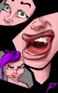 drawing giantess vore comic color tongue green_eyes purple_hair shrunken_men shrunken_man inside_mouth peterparkerlawl
