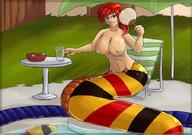 breasts drawing gentle color topless red_hair shrunken_men sitting table pool bowl chair outdoors snake_girl commission fan hungrysuccubus