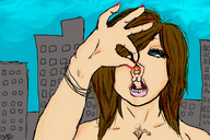 drawing giantess vore color cleavage buildings brunette topless hand shrunken_woman dangle between_fingers manicure looking_at_tiny bucketooth between_breasts
