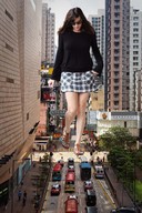 giantess collage city skirt brunette walking streets vehicles gladiator_sandals