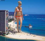 giantess crush collage city blonde swimsuit beach barefoot skyscraper sand