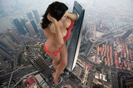collage city mega cleavage buildings brunette unknown_artist skyscraper downward_angle