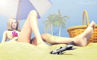 alien blonde swimsuit beach barefoot unaware shrunken_man outdoors sorenzer0