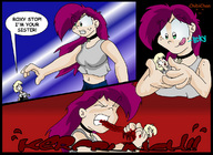 drawing giantess vore color green_eyes purple_hair blood gore hard_vore chibichan shrunken_woman darkainarts roxy siblings sisters incest