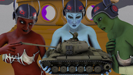 alien bra tank curious blue_skin giantesses holding vintage helmet red_skin drcreep sci_fi green_skin looking_at_tiny digital_render