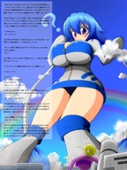 drawing giantess city color buildings blue_hair huge_breasts purple_eyes multiple_sizes story giantesses standing clouds sky japanese_text point_of_view rainbow mgear