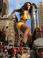 breasts giantess collage city black_hair swimsuit destruction rampage cleavage high_heels dark_skin screaming crowds running_away