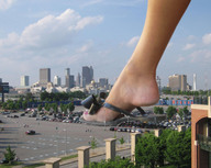 crush collage city destruction buildings vehicles clouds sky parking_lot flip_flops trees