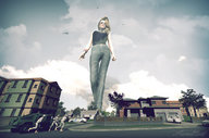 giantess city blonde long_hair helicopter glasses jeans streets houses outdoors neighborhood soldiers sorenzer0 digital_render apartments