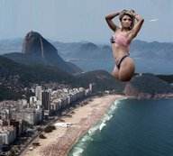 breasts giantess city mega swimsuit beach water ocean airplane outdoors hands_behind_head flag_bra