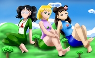 drawing landscape blonde color multiple_giantesses barefoot glasses green_eyes brunette brown_eyes sitting giantesses clouds sky trees riadorana