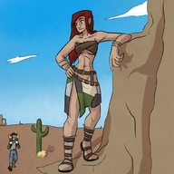 breasts drawing giantess mega color skirt desert smiling red_hair boots muscles looking_down belt hands_on_hips cliff waiting strips western ficus cactus makeshift_clothing bare_midriff