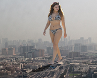 collage city swimsuit barefoot cleavage buildings brunette unknown_artist walking kelly_brook hazy