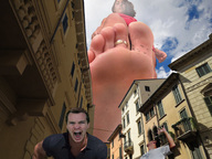 giantess collage city barefoot open_mouth houses outdoors birds toe_ring running_away impending_doom