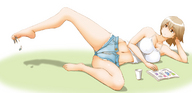 drawing color barefoot brunette brown_eyes lying_down shrunken_men shrunken_man foot_held reading bikuta cutoff_jeans