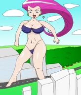 drawing giantess pokemon color swimsuit barefoot rampage buildings pink_hair team_rocket elvis777 jessie_(pokémon)
