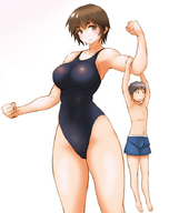 drawing color swimsuit brunette brown_eyes short_hair mini_giantess muscles short carry flexing bikuta no_background