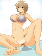 drawing giantess swimsuit barefoot pubic_hair water brunette brown_eyes shrunken_men sitting shrunken_man looking_down tan_line bikuta