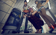 micro boots shrunken_men sandals shrunken_man nail_polish from_below fishnet_nylons sorenzer0 looking_at_tiny digital_render subway_station