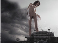 breasts giantess collage pussy city destruction pubic_hair brunette asian smoke