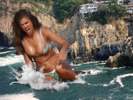 breasts giantess collage mega swimsuit cleavage water ocean brunette wonderslug dark_skin sail_boat cliff irina_shayk