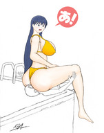 drawing crush monochrome color butt swimsuit blue_eyes water butt_crush blue_hair mini_giantess pool facesitting japanese_text sakaki azumanga_daioh high_res