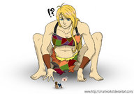 drawing giantess blonde color blue_eyes barefoot curious squatting looking_down bracelet two_piece cmartworkxl