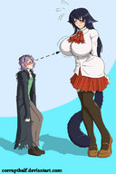 drawing black_hair long_hair skirt huge_breasts stockings embarrassed mini_giantess pants cat_girl loafers corruptking no_background
