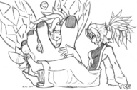 drawing monochrome long_hair barefoot fairy dress worship shrunken_woman looking_down mostlyfunstuff tied_hair long_sleeves