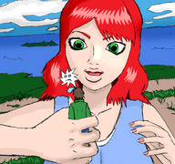 drawing giantess handheld green_eyes red_hair grass open_mouth looking_at_tiny
