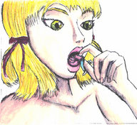 drawing giantess vore blonde color handheld green_eyes shrunken_men shrunken_man open_mouth imminent_vore tastysnack