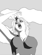 drawing giantess monochrome handheld shrunken_men shrunken_man open_mouth imminent_vore tastysnack