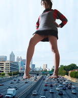 giantess collage city barefoot traffic brunette low_angle unknown_artist legs looking_down skyscraper highway vehicles sky point_of_view