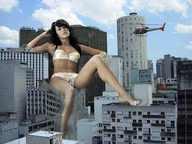 collage city destruction buildings helicopter brunette looking_at_viewer
