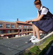 giantess crush collage glasses blood brunette gore sitting sneakers sky under_foot looking_at_viewer lowerrider