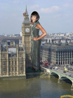 giantess collage city mega water dress london vehicles dark_skin looking_at_viewer clock_tower hands_on_hips lowerrider