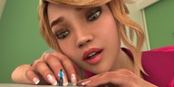 gentle blonde green_eyes shrunken_men shrunken_man mike973 looking_at_tiny digital_render