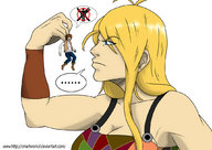 breasts drawing giantess mega blonde color long_hair blue_eyes handheld cleavage angry brunette curious boots muscles pants dangle top bracelet two_piece no_background pinched looking_at_tiny cmartworkxl vest makeshift_clothing