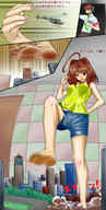 blushing city comic color destruction barefoot helicopter soles brunette foot_crush shorts explosion shrunken_people hand_crush shrunken_city japanese_text nail_polish furefami