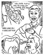 vore monochrome mouth teeth hard_vore shrunken_man dialogue hot_dog
