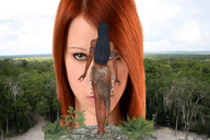 giantess collage black_hair butt brown_eyes red_hair forest dark_skin sky tan native trees looking_at_viewer loincloth bigfriendlygiantess makeshift_clothing